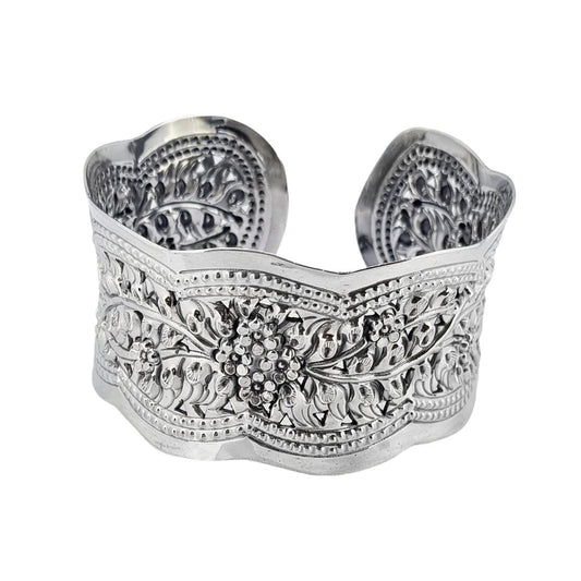 Floral Cuff Bangle | Chunky Wide 925 Sterling Silver Bracelet with Flower Design for Women