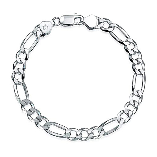 Solid Figaro Chain Bracelet for Men | 7.5mm 925 Sterling Silver Bracelet - Lengths: 18.5cm, 19.5cm, 20cm, 21cm, 23cm