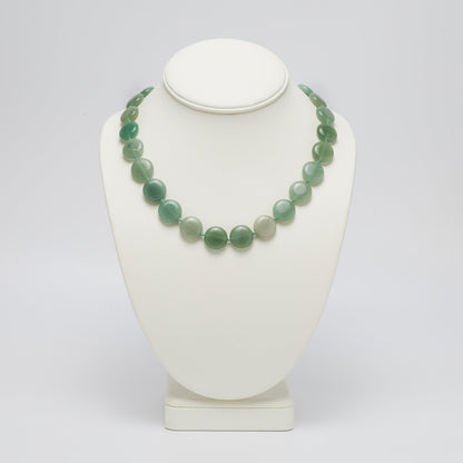 Natural Green Aventurine 16mm Round Disc Gemstone Necklace Displayed on Necklace Stand