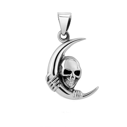 Crescent Moon Skull Pendant | 925 Sterling Silver Necklace for Men and Women