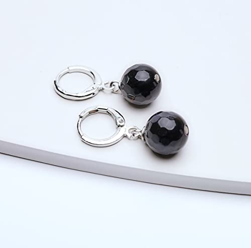 Faceted Black Agate 10mm Gemstone Leverback Earrings