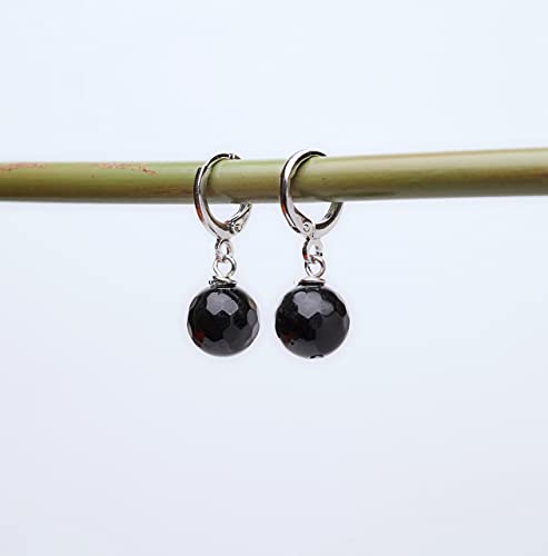 10mm Faceted Black Agate Gemstone Bead Leverback Earrings