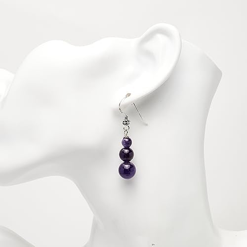 Purple Amethyst 6, 8, 10mm Beaded Gemstone Earrings with 925 Sterling Silver Hook Displayed on a Earring Stand