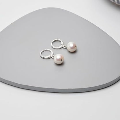 Huggie Hoop Earrings White Near Round Pearl 