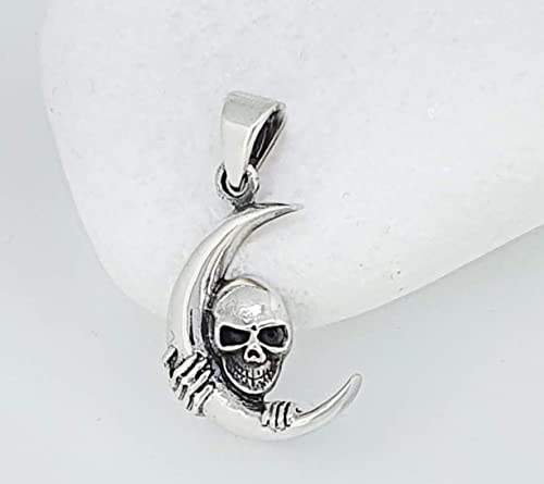 Crescent Moon Skull Pendant | 925 Sterling Silver Necklace for Men and Women