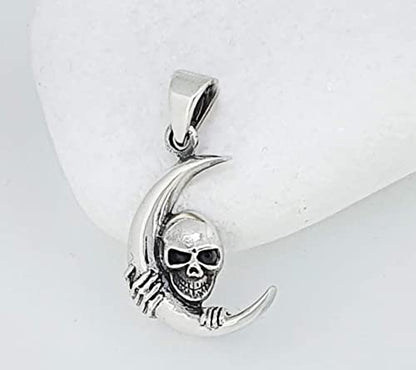 Crescent Moon Skull Pendant | 925 Sterling Silver Necklace for Men and Women