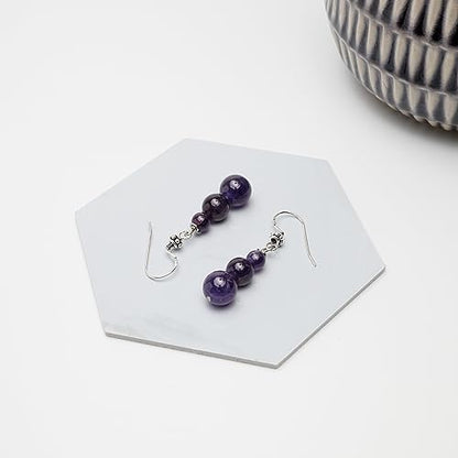 6, 8, 10mm Beaded Gemstone Earrings with 925 Sterling Silver Hooks - Purple Amethyst