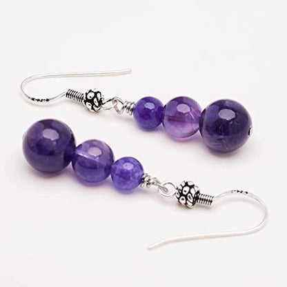 Purple Amethyst 6, 8, 10mm Beaded Gemstone Earrings with 925 Sterling Silver Hooks