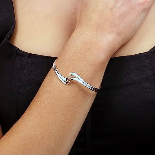 Chic Sterling Silver Bangle Bracelet | Women's Wave Detail Silver Cuff for Ladies