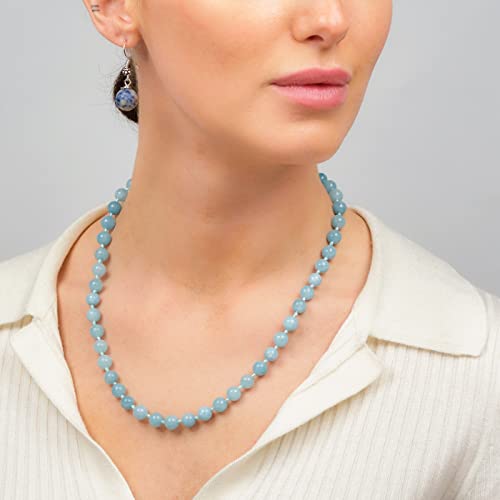 Blue 8mm Round Beaded Gemstone Necklace on Female Model