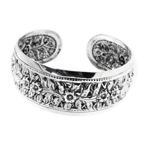 chunky floral silver bangle cuff for women