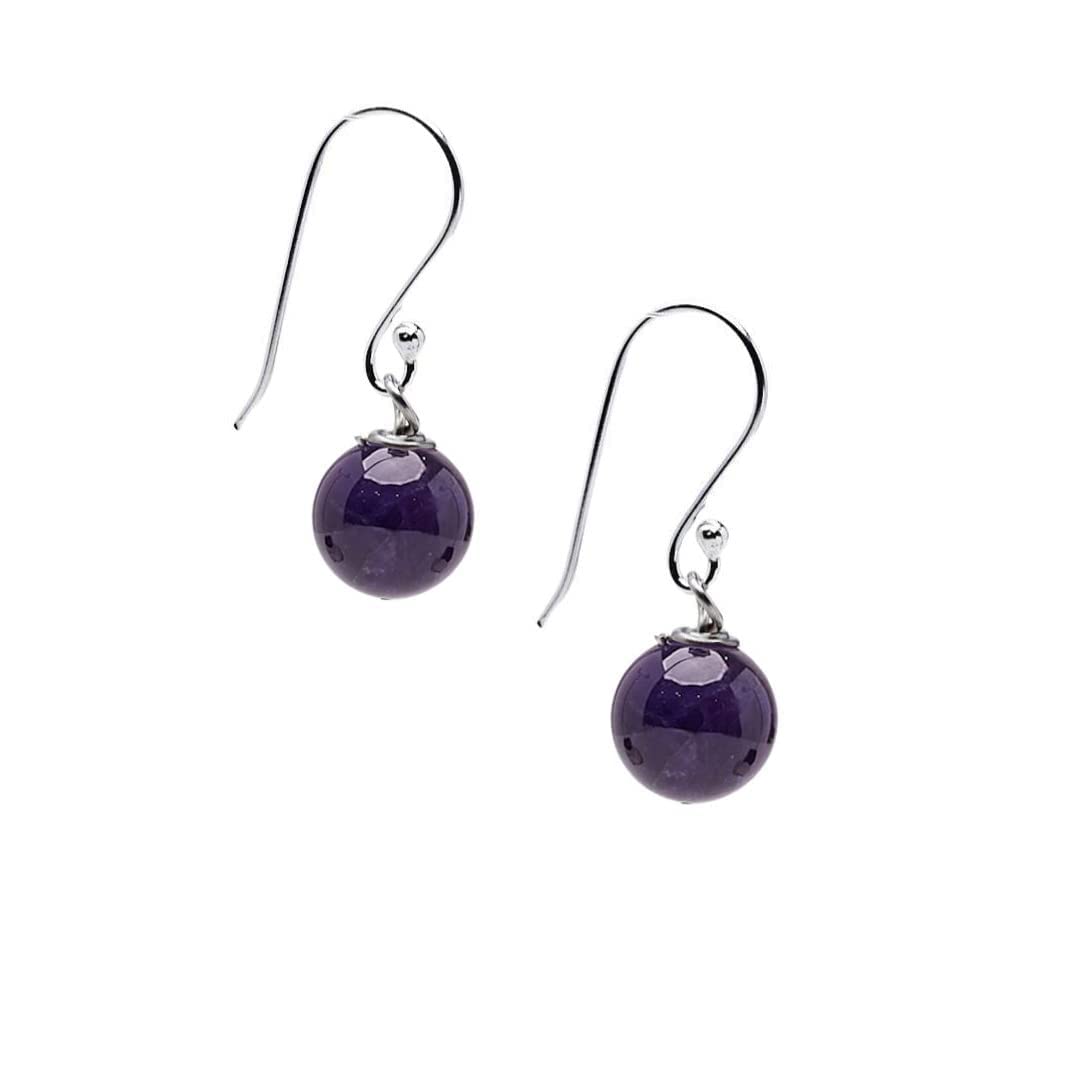 Purple Amethyst 10mm Bead Gemstone Dangle Drop Earrings 