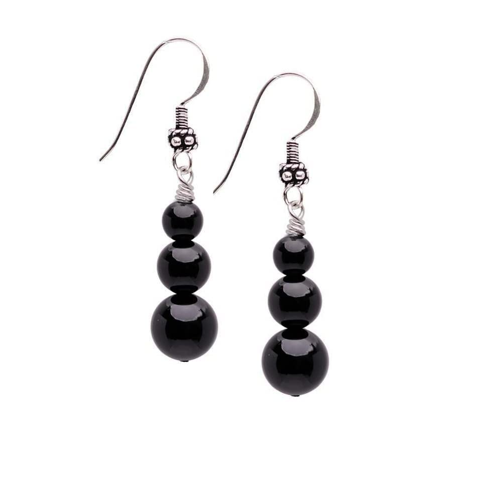 Black Agate 6, 8, 10mm Beaded Gemstone Earrings with 925 Sterling Silver Hooks