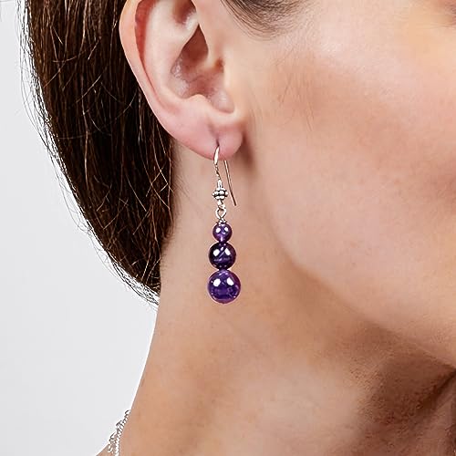 Purple Amethyst 6, 8, 10mm Beaded Gemstone Earrings with 925 Sterling Silver Hook on Model