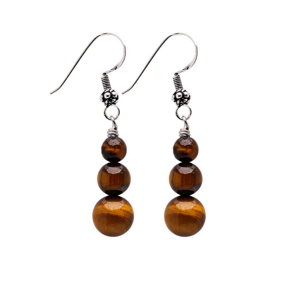 Brown Tiger's Eye 6, 8, 10mm Beaded Gemstone Earrings with 925 Sterling Silver Hooks