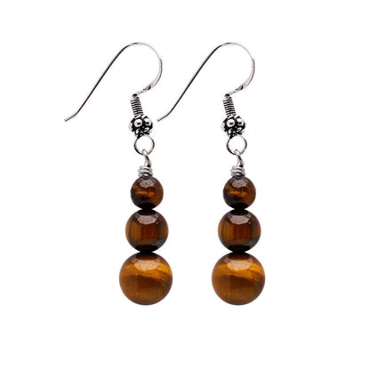 Brown Tiger's Eye 6, 8, 10mm Beaded Gemstone Earrings with 925 Sterling Silver Hooks