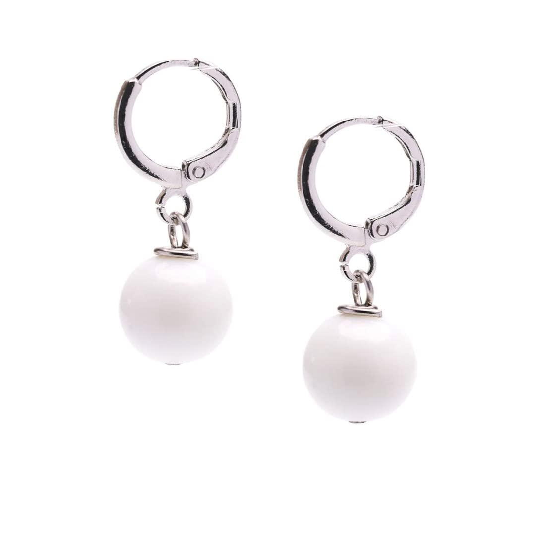 White Shell 10mm Gemstone Bead Leverback Earrings