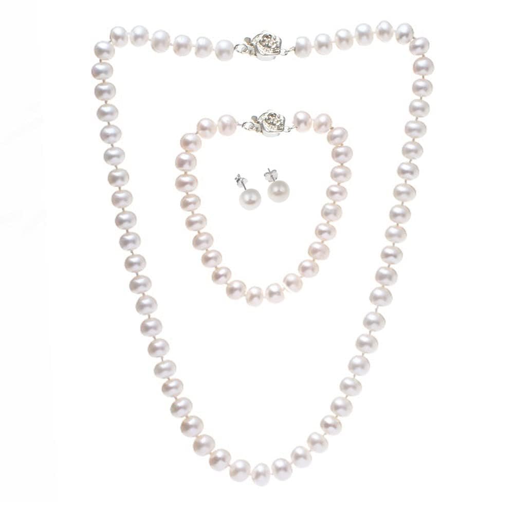 8-9mm White Button Shape Pearl Necklace Bracelet and Earrings Set