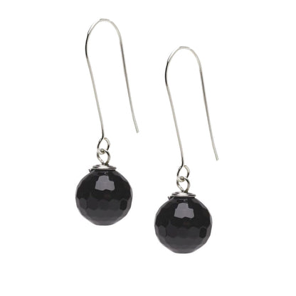 Faceted Black Agate Long Dangle Drop Earrings 12mm Beads