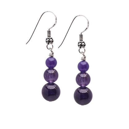 Purple Amethyst 6, 8, 10mm Beaded Gemstone Earrings with 925 Sterling Silver Hook