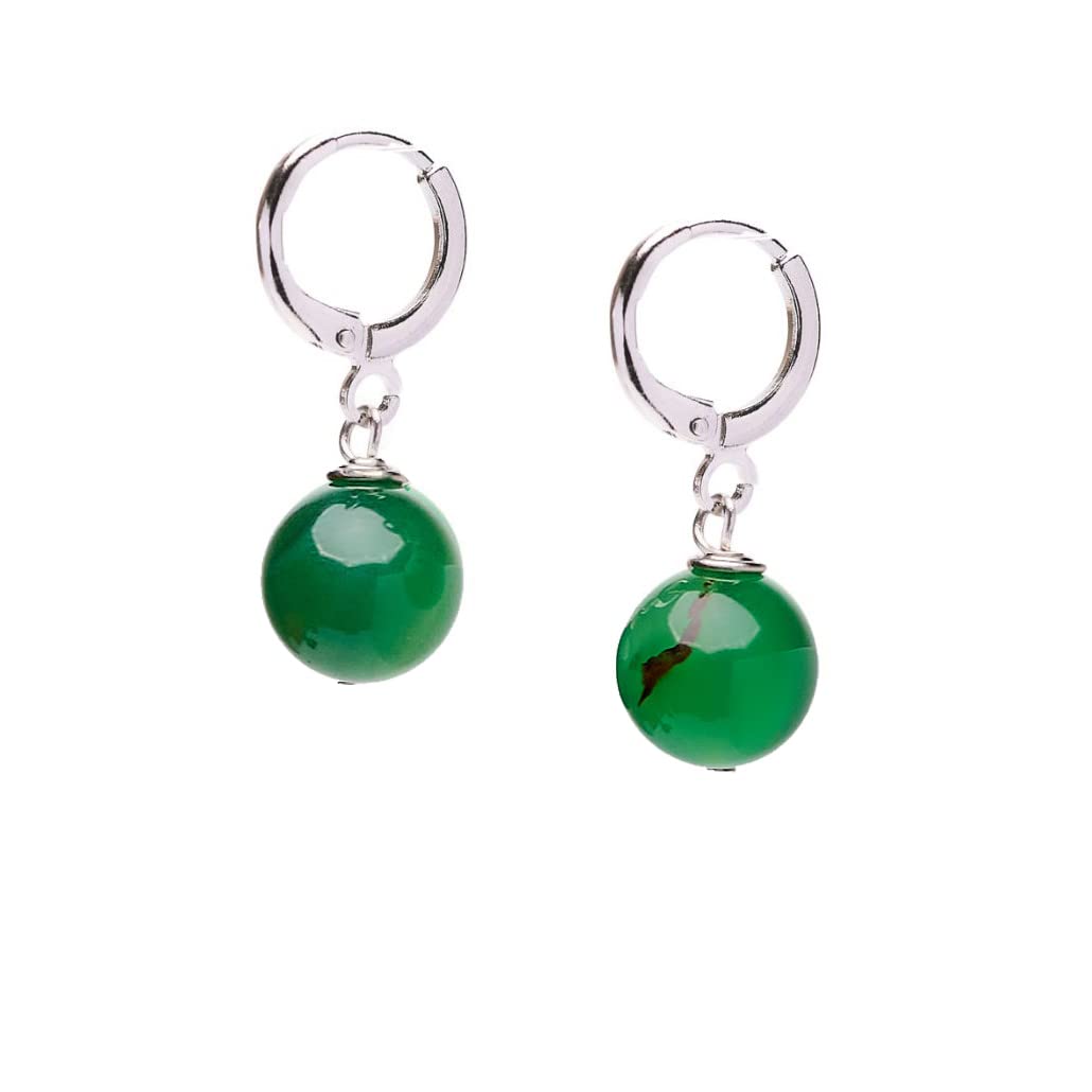 Green Agate 10mm Gemstone Bead Leverback Earrings