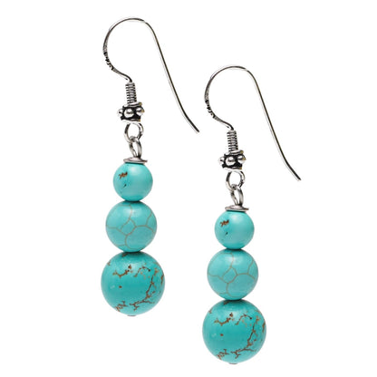 Blue Turquoise 6, 8, 10mm Beaded Gemstone Earrings with 925 Sterling Silver Hooks