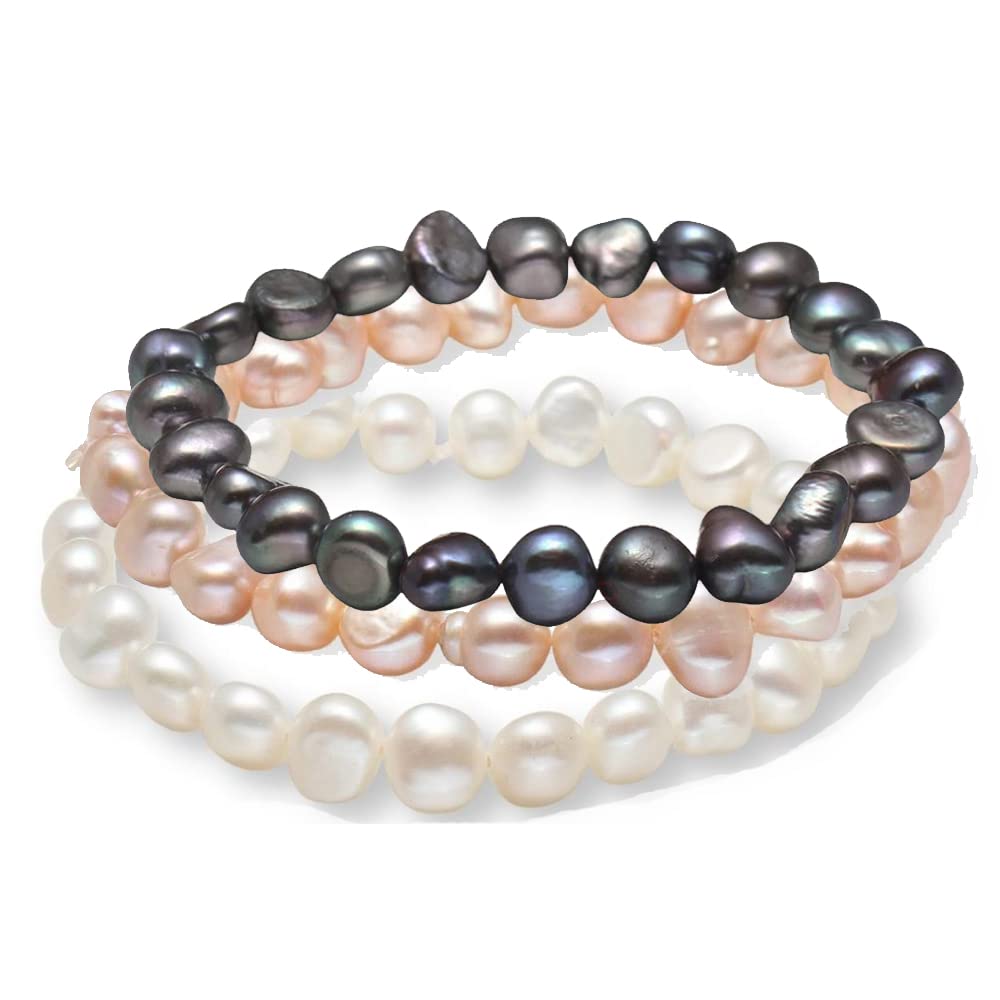 Women's Pearl Bracelet | Stretchy 7-8mm Baroque Pearl Bracelet Set of 3 - Pink, Black, and White