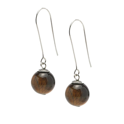 Brown Tiger's Eye Long Dangle Drop Earrings 12mm Beads