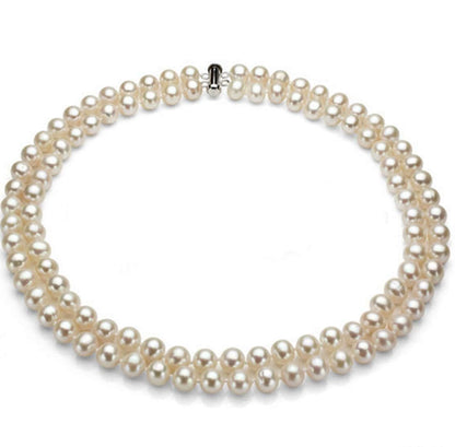 Pearl Necklace | 7-8mm White Freshwater Cultured Two-Row Beaded Pearl Necklace for Women - Gift for Her