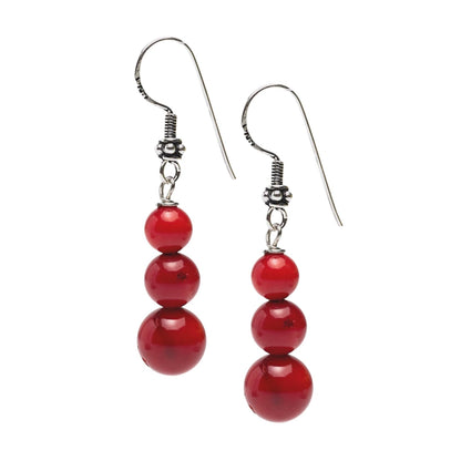 Red Coral 6, 8, 10mm Beaded Gemstone Earrings with 925 Sterling Silver Hooks