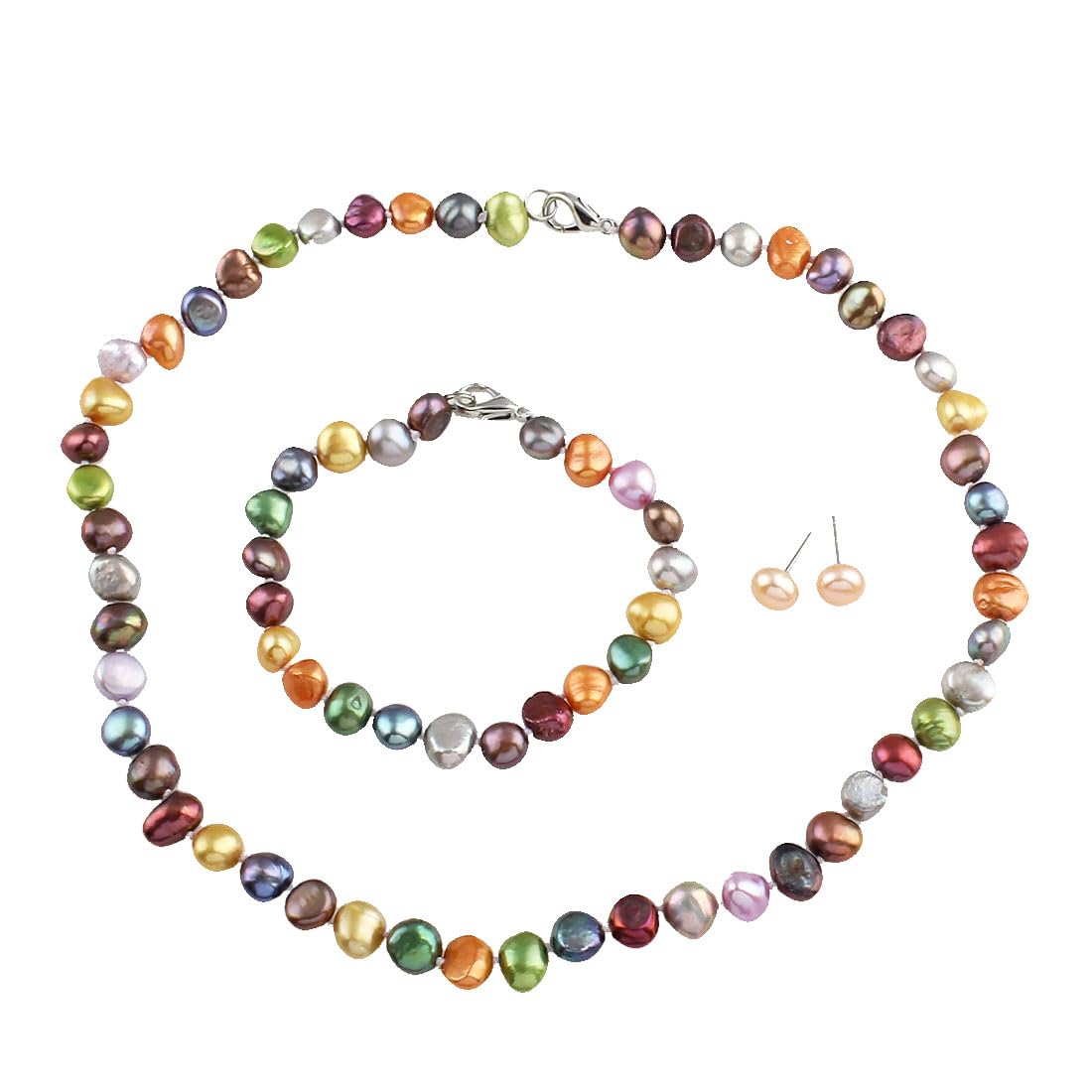 Women's Pearl Jewelry Set | Multicolor 8-9mm Baroque Necklace, Bracelet, and Stud Earrings - 17"