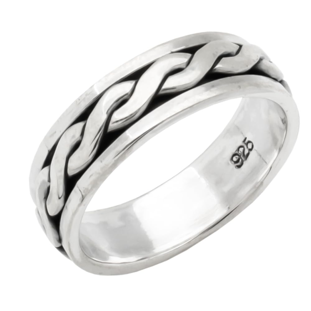 Men's 8mm Braided Spinner Ring | Solid 925 Sterling Silver Band for Men