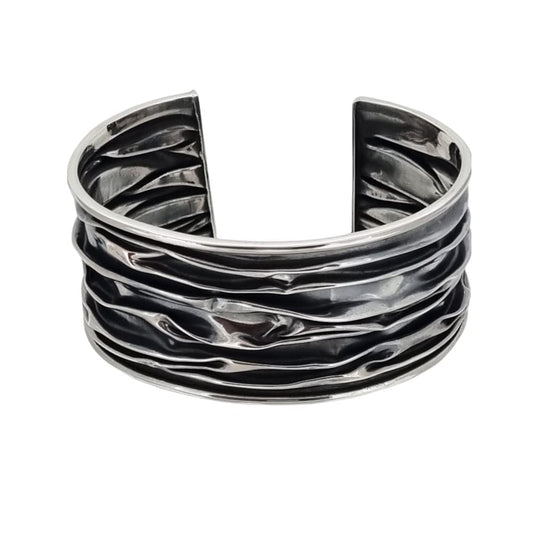 Cuff Bracelet for Women | Chunky 925 Sterling Silver Crushed Style Bangle - 30MM