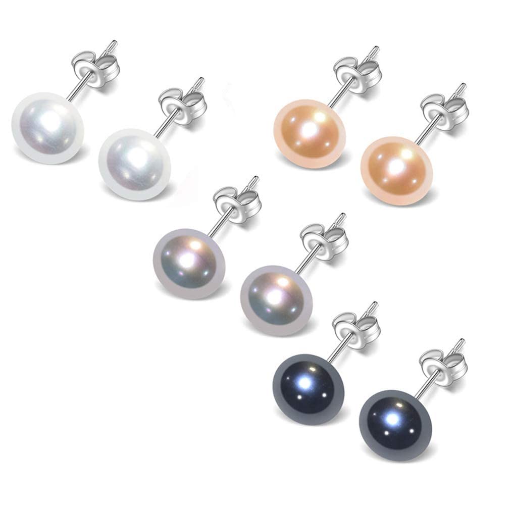 Set of 4 pairs of pearl stud earrings in black, white, pink and gray