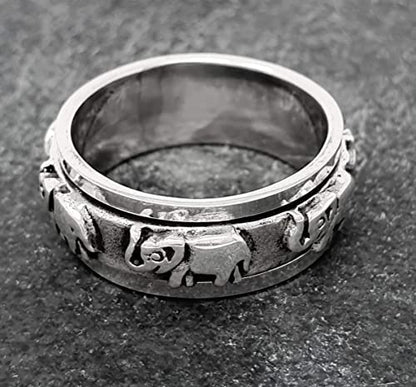 Men's Women's Elephant Spinner Ring | 8mm Solid 925 Sterling Silver Stress Relief Ring with Elephant Design