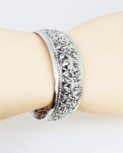 Women's Floral Cuff Bracelet | Chunky 25mm 925 Sterling Silver Statement Bangle - Ideal Gift for Her