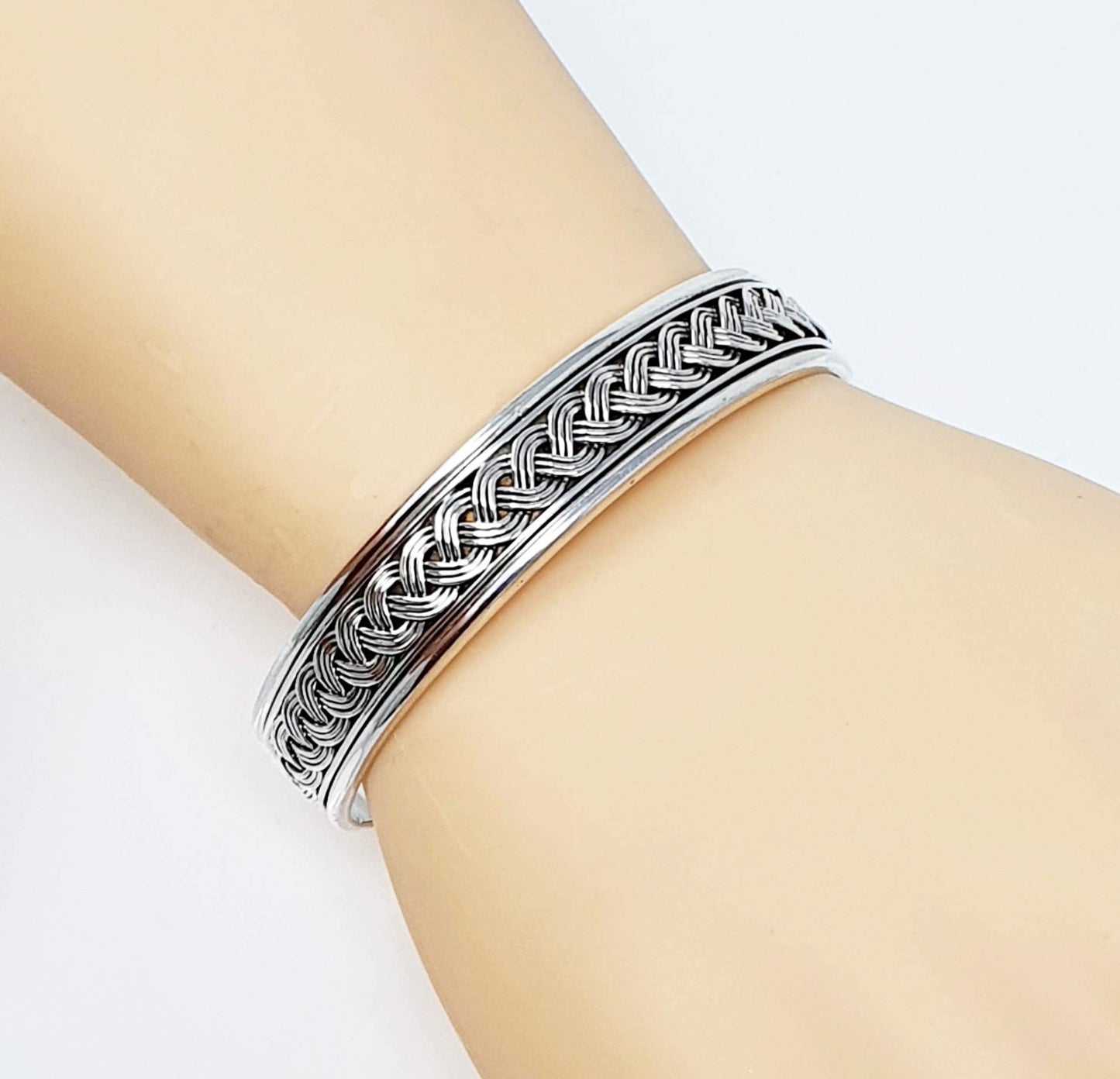 Men's Bangle Bracelet | Open Cuff with Braided Details in 925 Sterling Silver - Adjustable