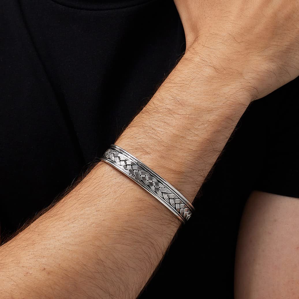 Men's Bangle Bracelet | Open Cuff with Braided Details in 925 Sterling Silver - Adjustable