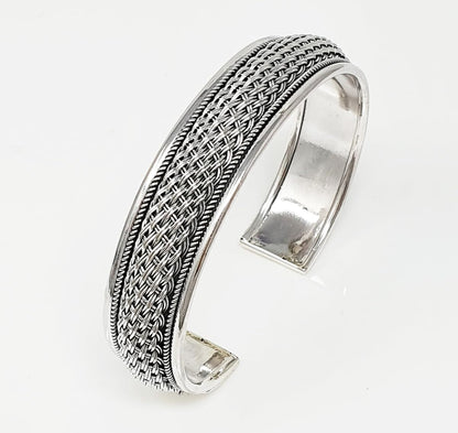 Men's Braided Cuff Bracelet | Solid Heavy 925 Sterling Silver Bangle with Braided Details for Men