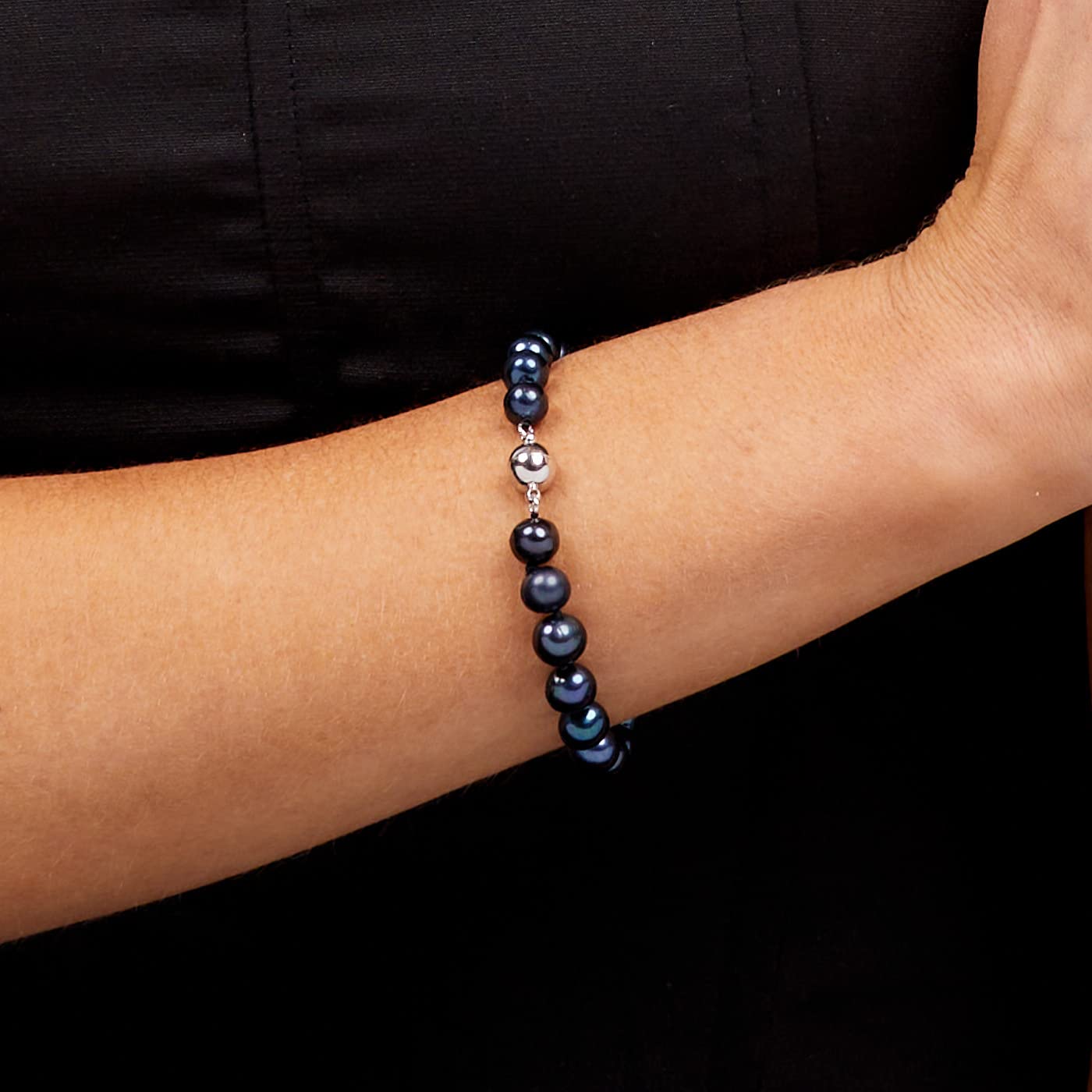 Black Freshwater Pearl Bracelet with Magnetic Ball Clasp on Model