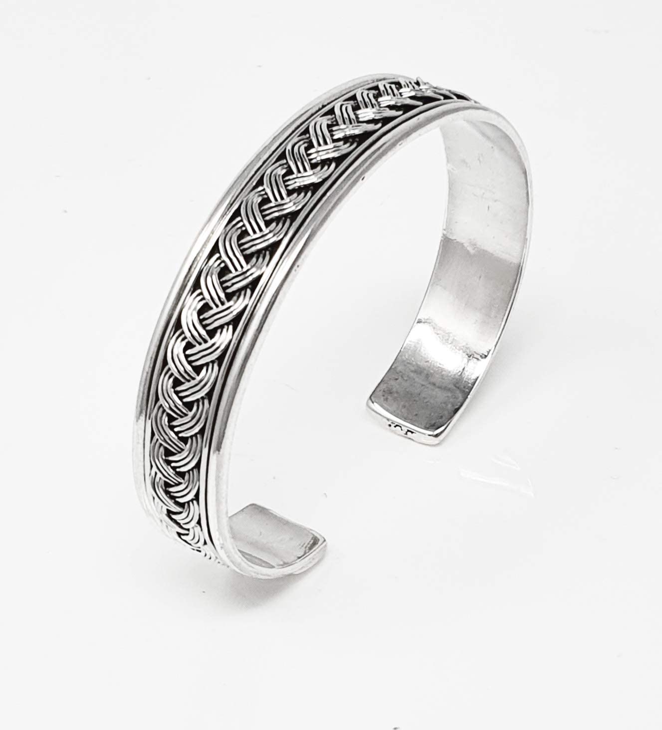 Men's Bangle Bracelet | Open Cuff with Braided Details in 925 Sterling Silver - Adjustable