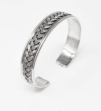 Men's Bangle Bracelet | Open Cuff with Braided Details in 925 Sterling Silver - Adjustable