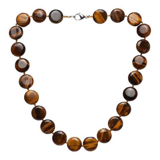 Round Disc Tiger's Eye Gemstone Necklace against a white background