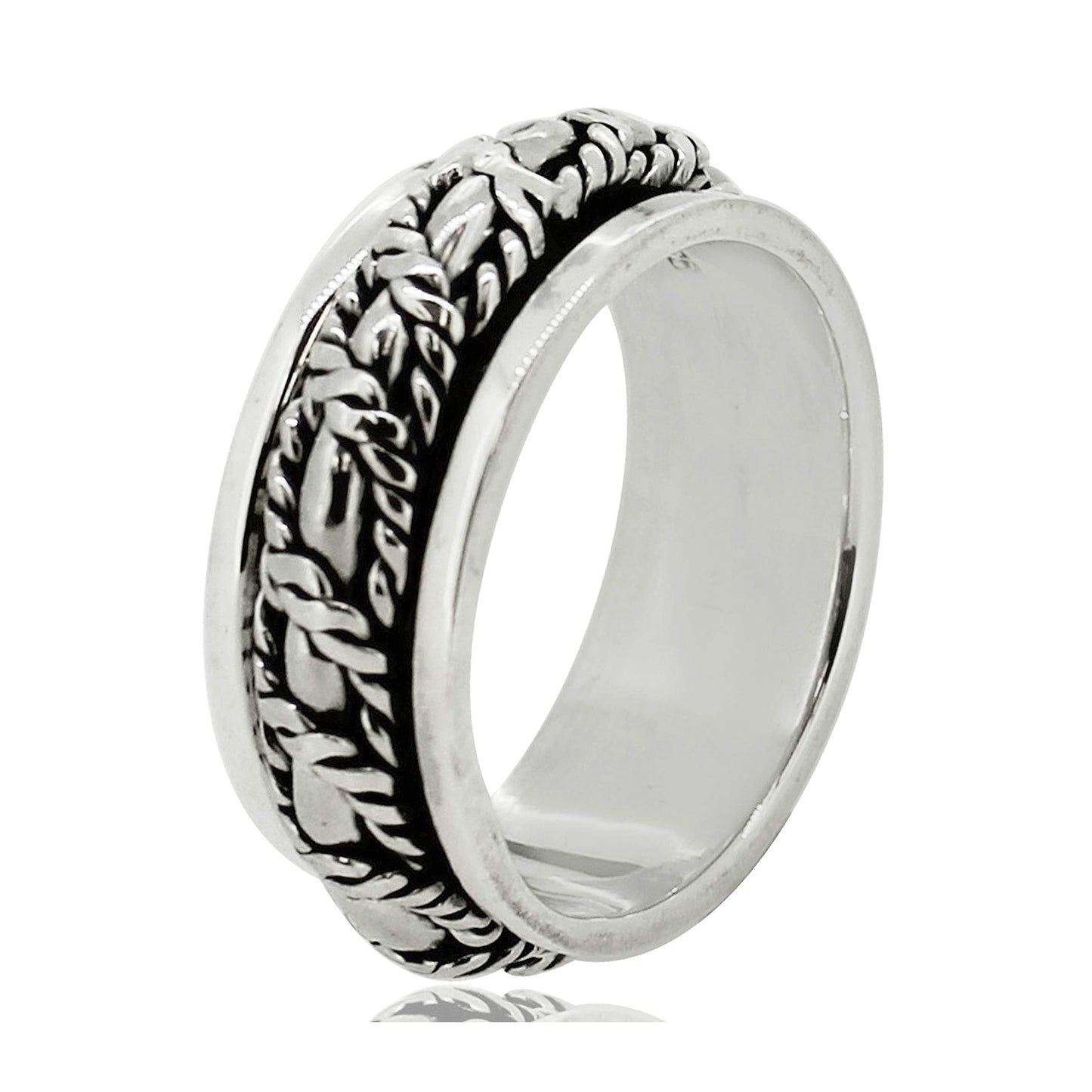 Rope Spinner Ring | 8MM 925 Sterling Silver Stress Relief Band for Men, Sizes 8-14