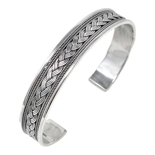 Men's Silver Braided Cuff Bracelet | 11mm 925 Sterling Silver Bangle with Braided Details for Men