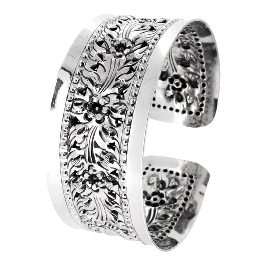 Women's Floral Cuff Bracelet | Statement 28mm 925 Sterling Silver Open Bangle with Floral Engraving