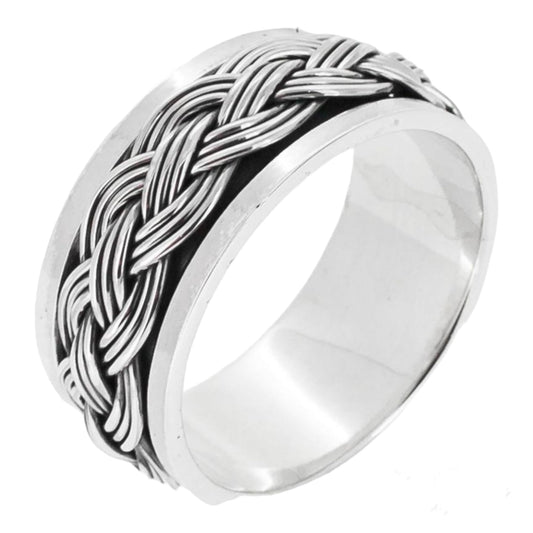 Men's Sterling Silver Spinner Ring | 9mm Wide 925 Sterling Silver Braided Design Spinning Fidget Ring