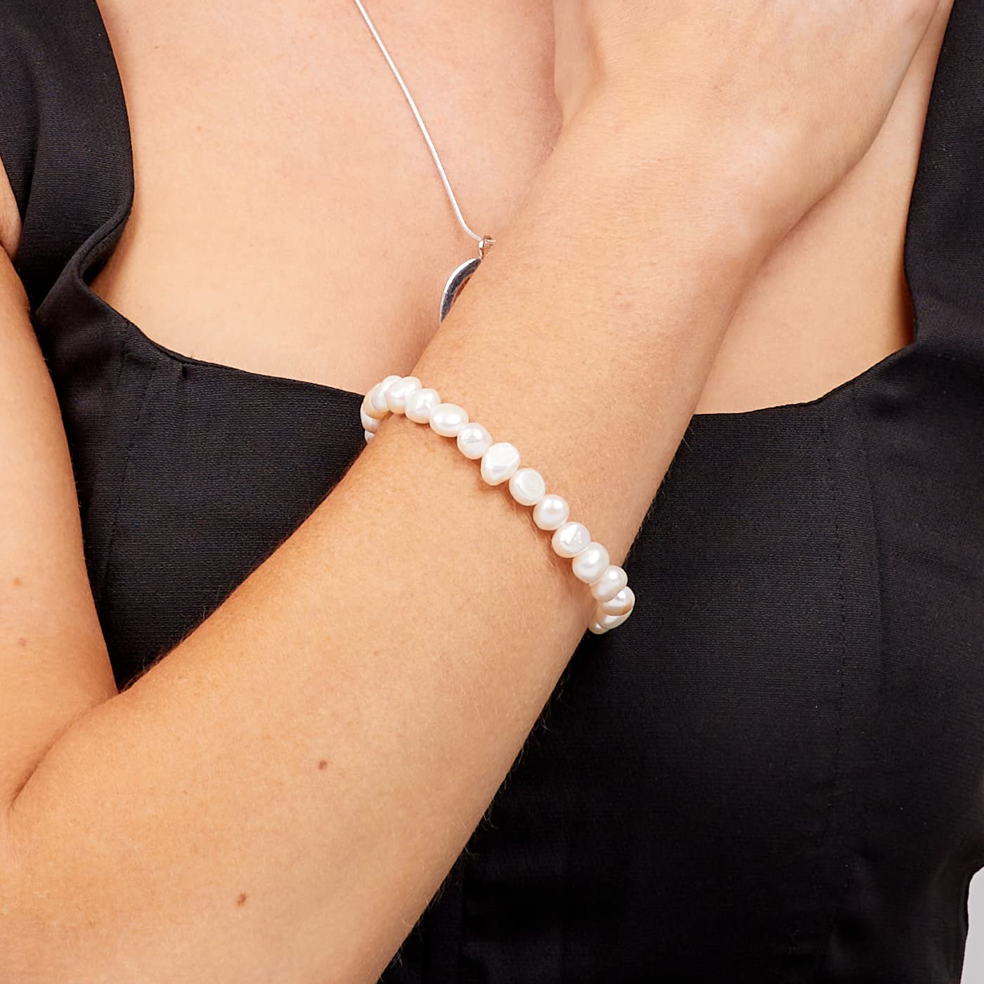 White Freshwater Pearl Bracelet on Model