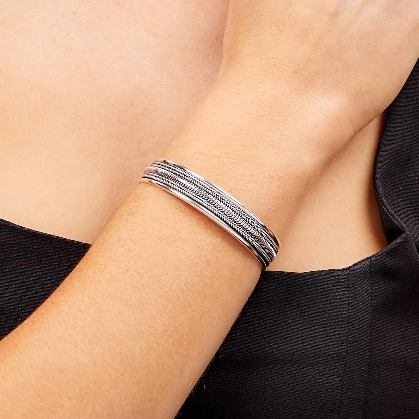 Briaded Cuff Bangle Sterling Silver on Female Model