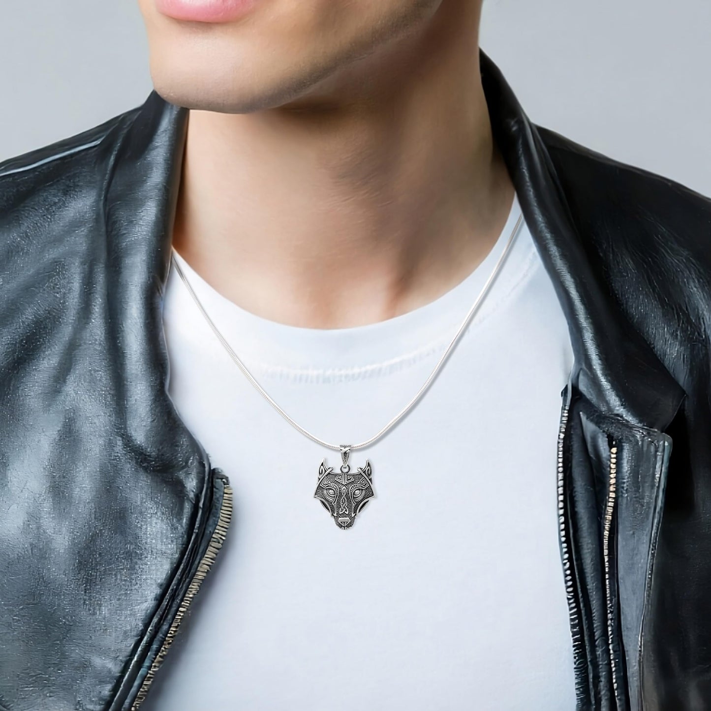 925 Sterling Silver Wolf Pendant on Model